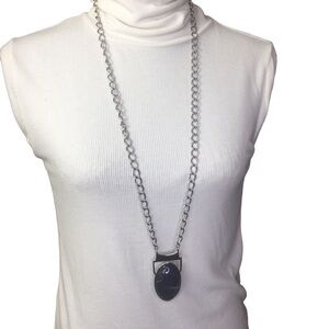 Lia Sophia Navy Blue Large Cabochon Pendant Necklace in Silver New with Tags 39"